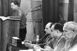 Заседание государственной квалификационной комиссии, 1968 год.<br/>На трибуне - зам.нач.  ХПТУ Котов Г.М., слева направо: Каменев, Капустянский, Соболев
